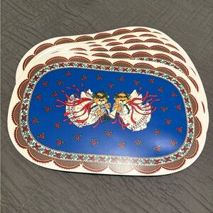 Vintage Christmas Vinyl Placemats Angel Bear Roses Floral 18”x 12” Set Of 6